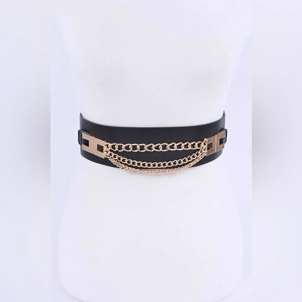 Black Waist Belt with Gold Chain Accent (3 Colors)